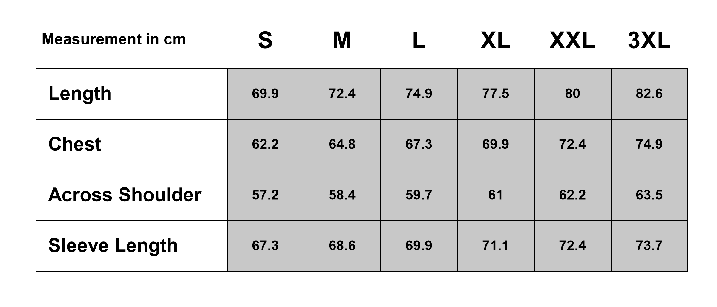 Rain Knight Waterproof Jacket size chart (cm)