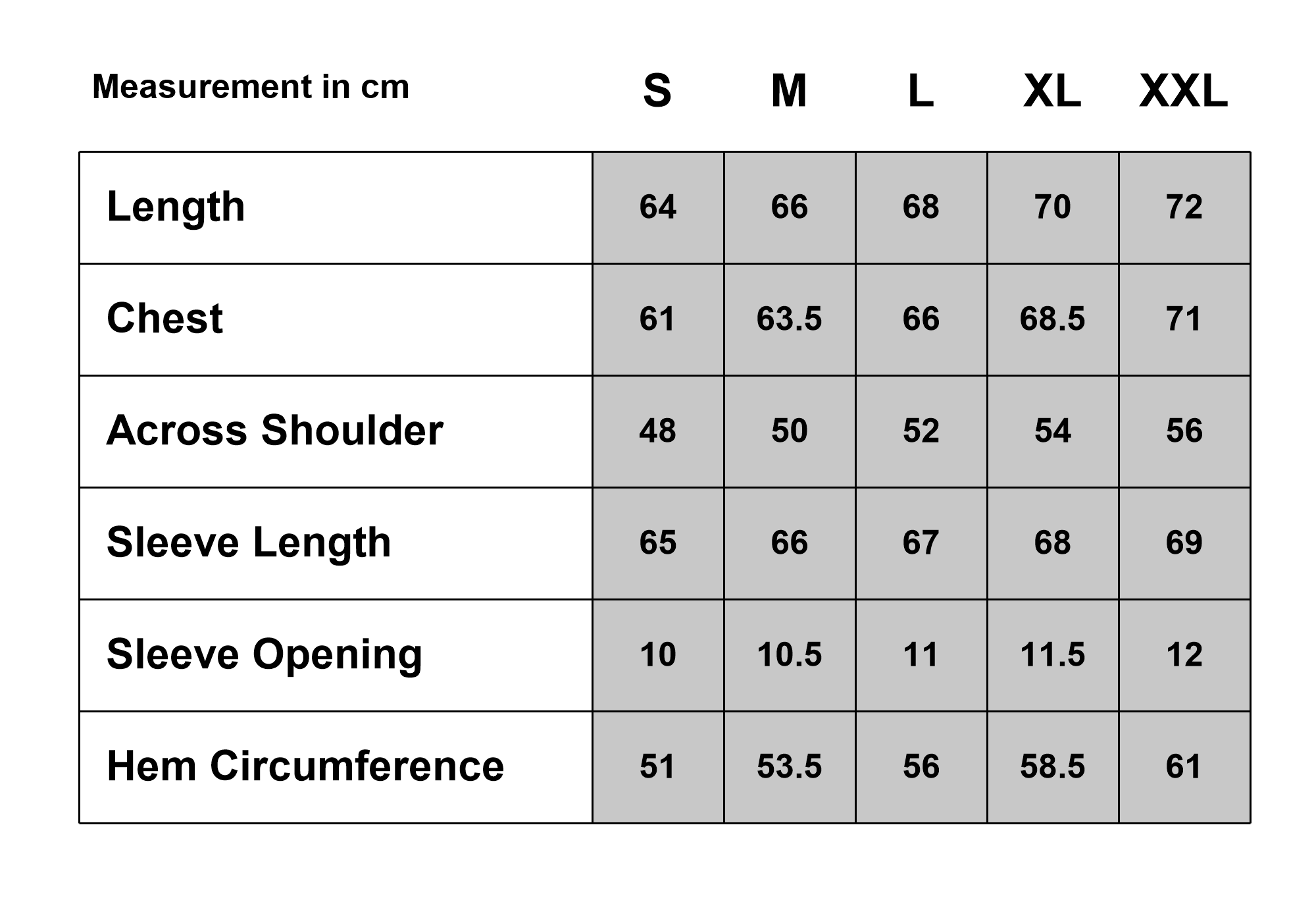 Warrior Polar Fleece size chart (cm)