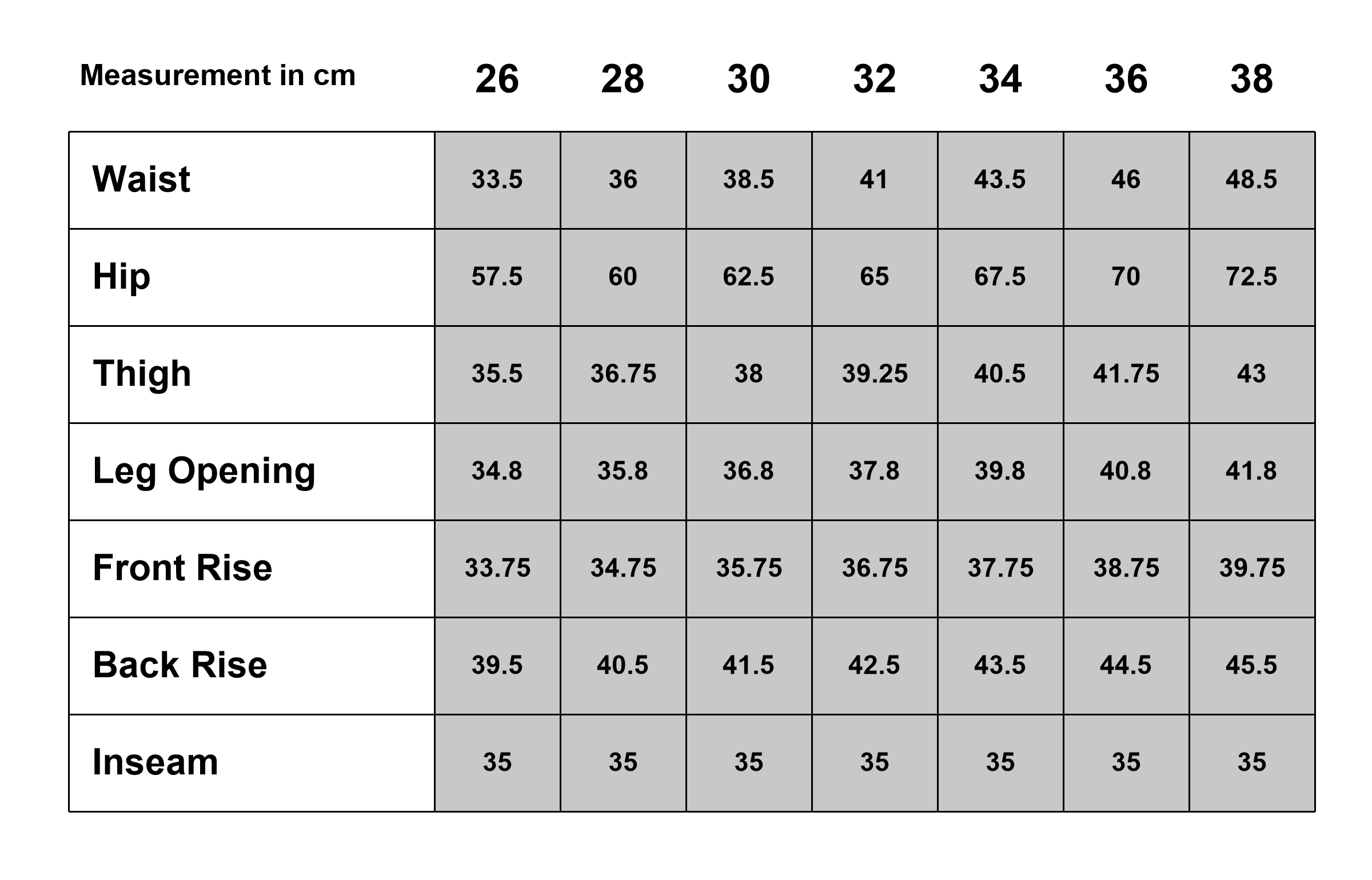 Moto Shorts size chart (cm)